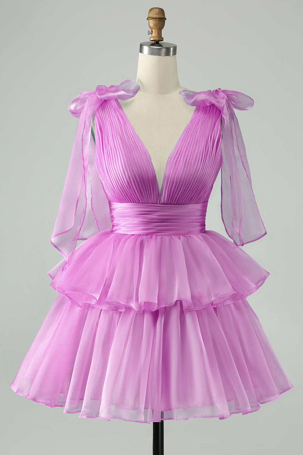 Hot Pink A Line V Neck Pleated Tiered Short Homecoming Dress