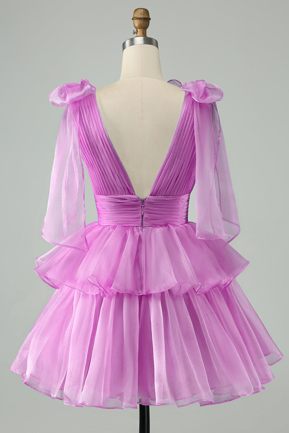 Hot Pink A Line V Neck Pleated Tiered Short Homecoming Dress