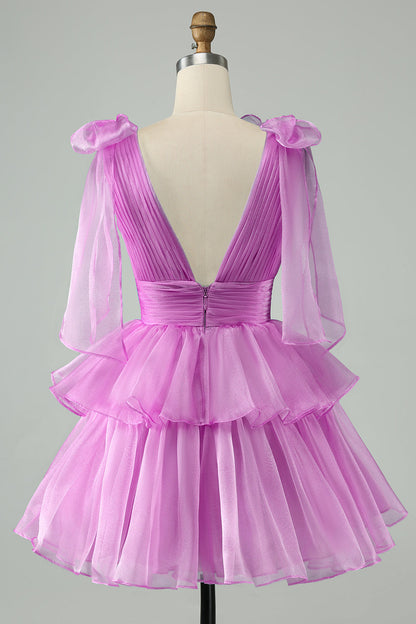 Hot Pink A Line V Neck Pleated Tiered Short Homecoming Dress