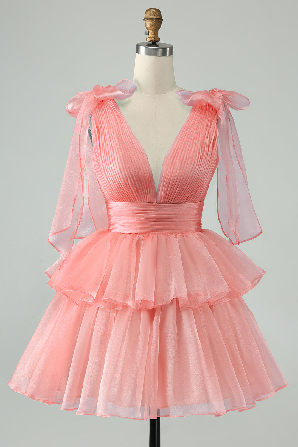 Hot Pink A Line V Neck Pleated Tiered Short Homecoming Dress