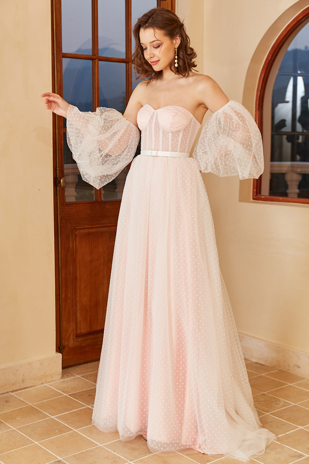 Pink Polka Dots Wedding Dress with Puff Sleeves