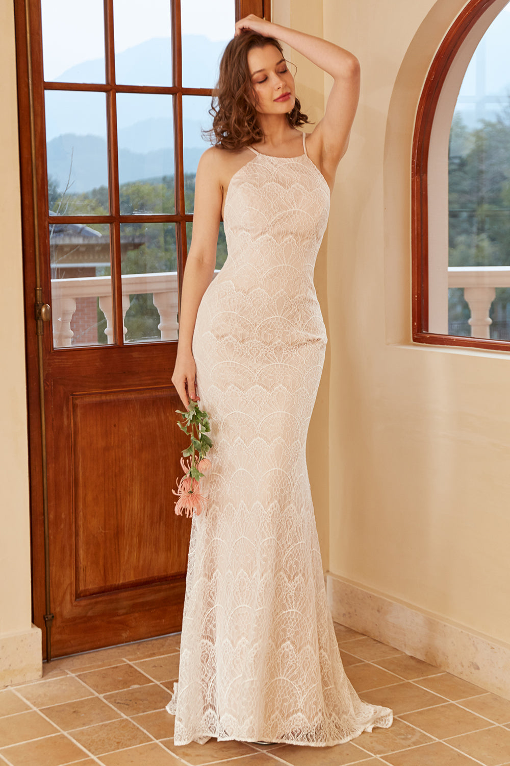 Mermaid Halter White Lace Wedding Dress with Sweep Train