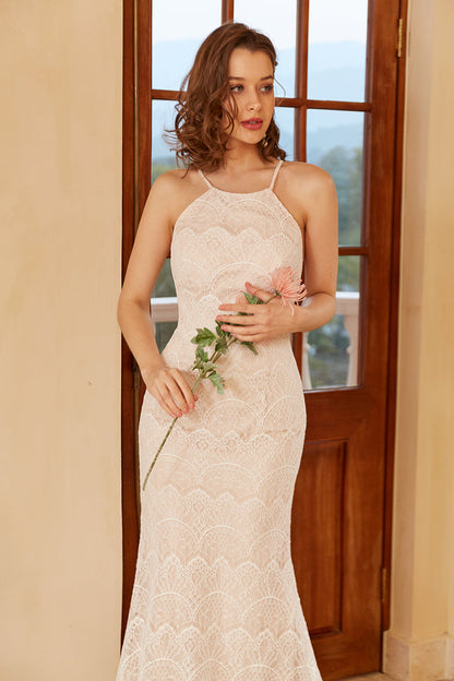 Mermaid Halter White Lace Wedding Dress with Sweep Train