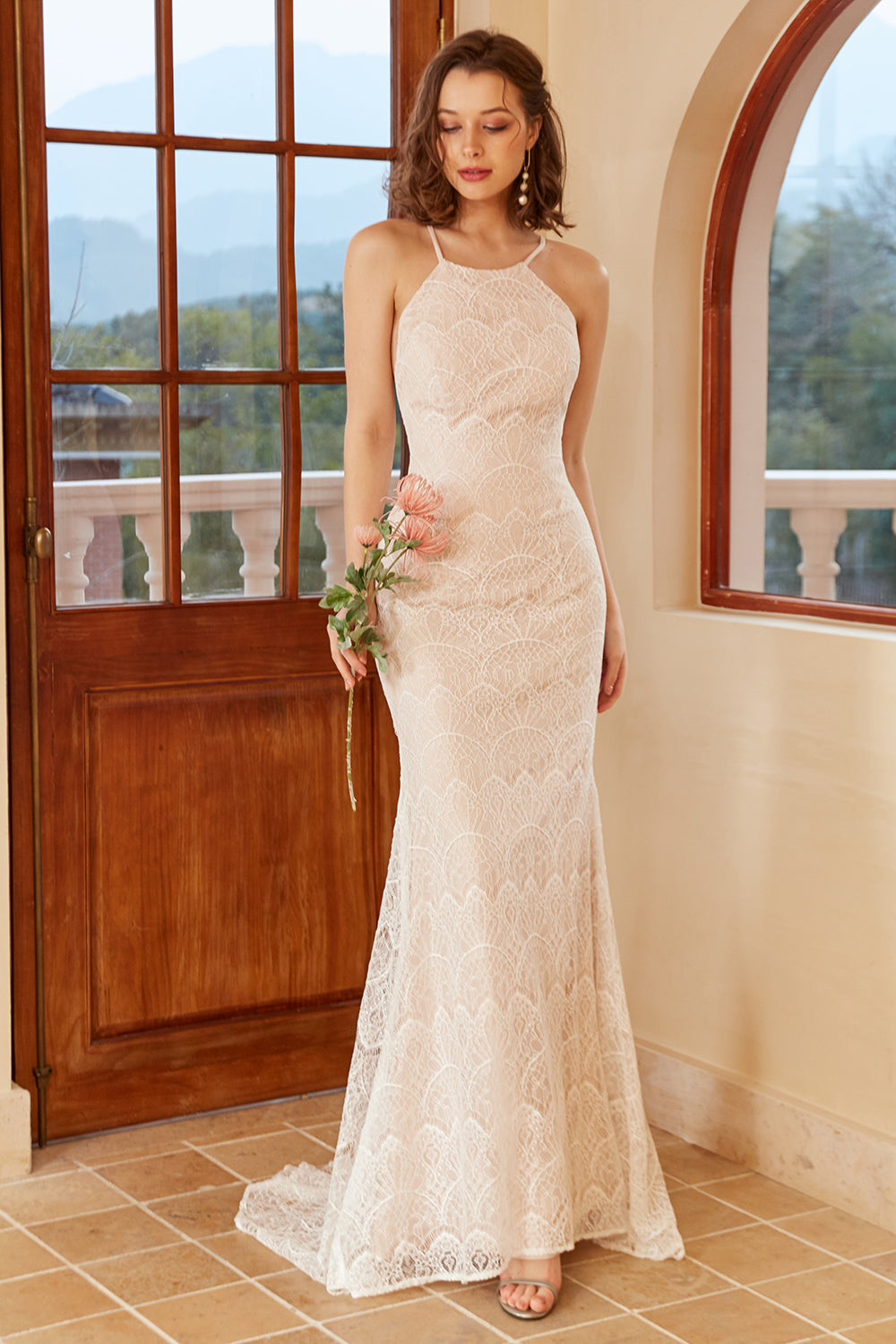 Mermaid Halter White Lace Wedding Dress with Sweep Train