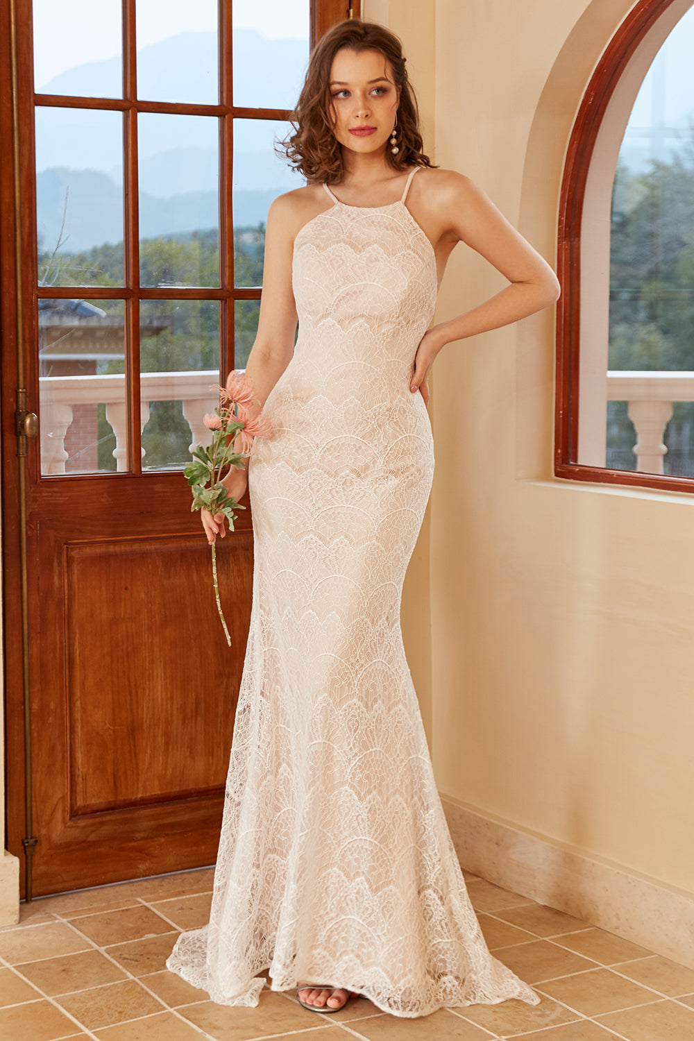 Mermaid Halter White Lace Wedding Dress with Sweep Train