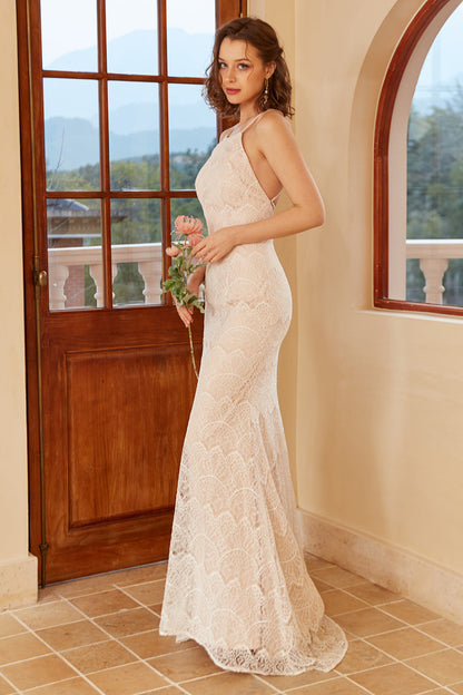 Mermaid Halter White Lace Wedding Dress with Sweep Train