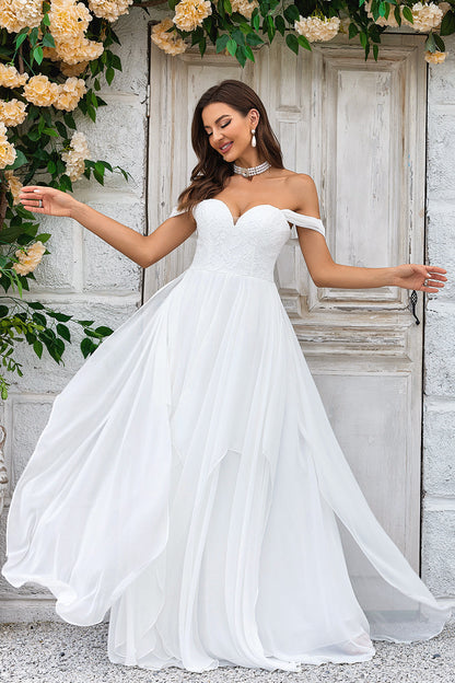 Elegant A Line Off the Shoulder Ivory Chiffon Wedding Dress with Lace