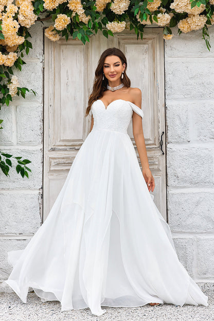 Elegant A Line Off the Shoulder Ivory Chiffon Wedding Dress with Lace