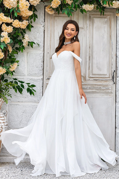 Elegant A Line Off the Shoulder Ivory Chiffon Wedding Dress with Lace