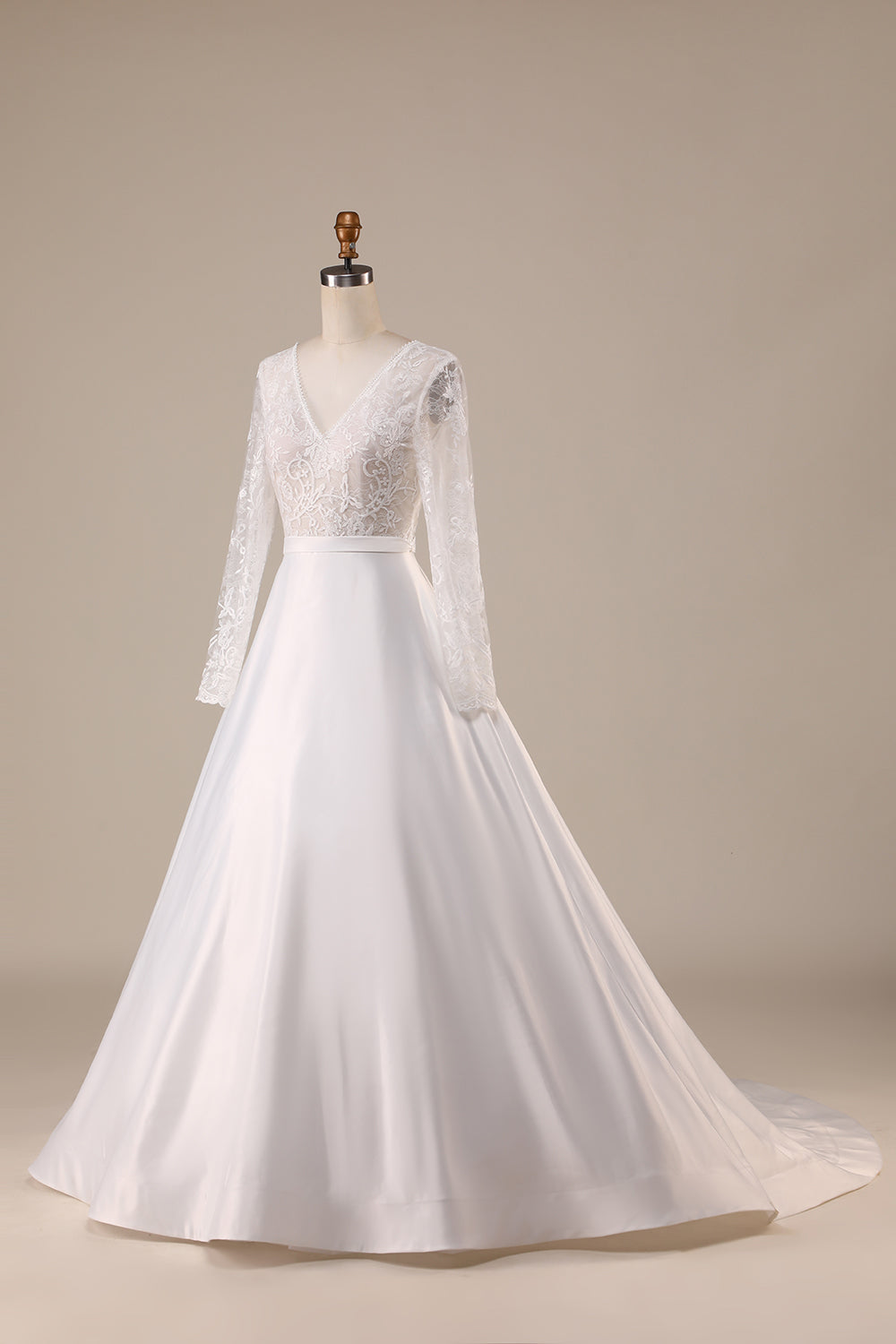 Ivory Satin Sweep Train Long Sleeves Wedding Dress