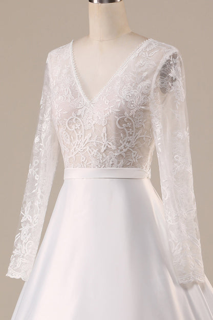 Ivory Satin Sweep Train Long Sleeves Wedding Dress