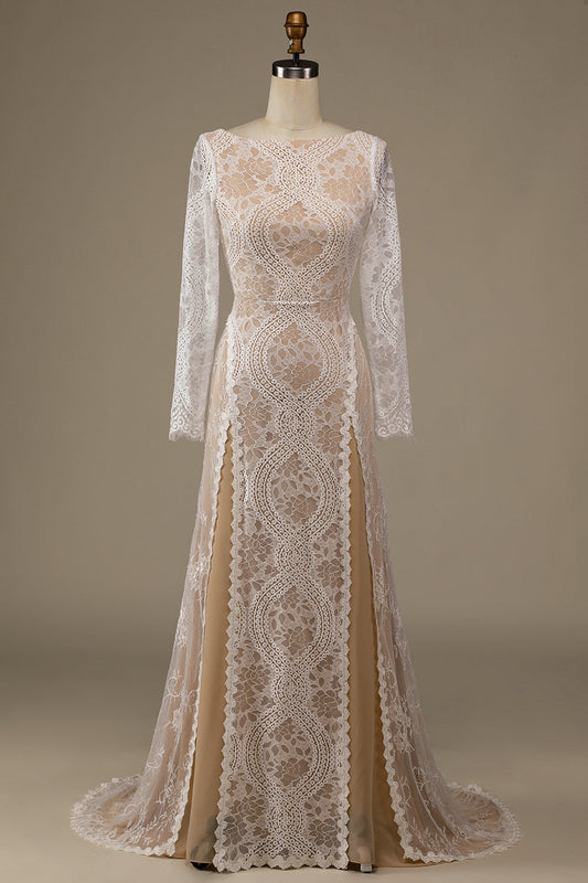 Champagne Long Sleeves Lace Sweep Train Wedding Dress