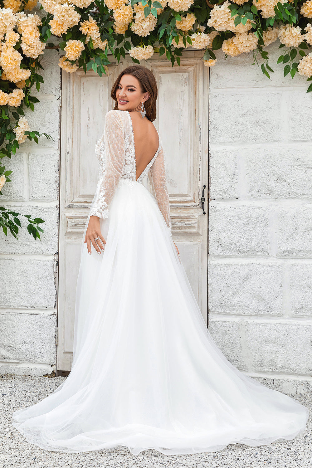 Deep V-Neck Ivory Tulle Sweep Train Wedding Dress with Lace