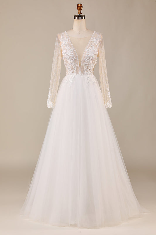 A Line Deep V-Neck Ivory Tulle Sweep Train Wedding Dress with Lace