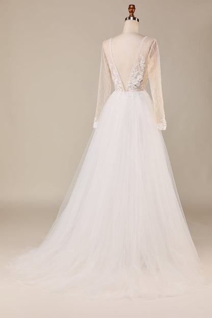 A Line Deep V-Neck Ivory Tulle Sweep Train Wedding Dress with Lace