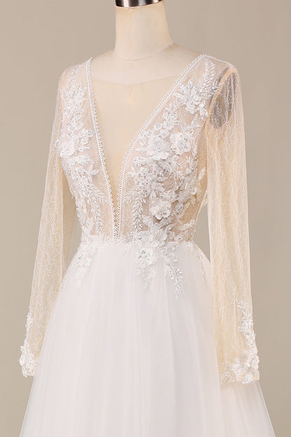 A Line Deep V-Neck Ivory Tulle Sweep Train Wedding Dress with Lace