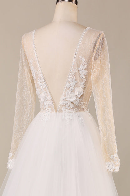 A Line Deep V-Neck Ivory Tulle Sweep Train Wedding Dress with Lace