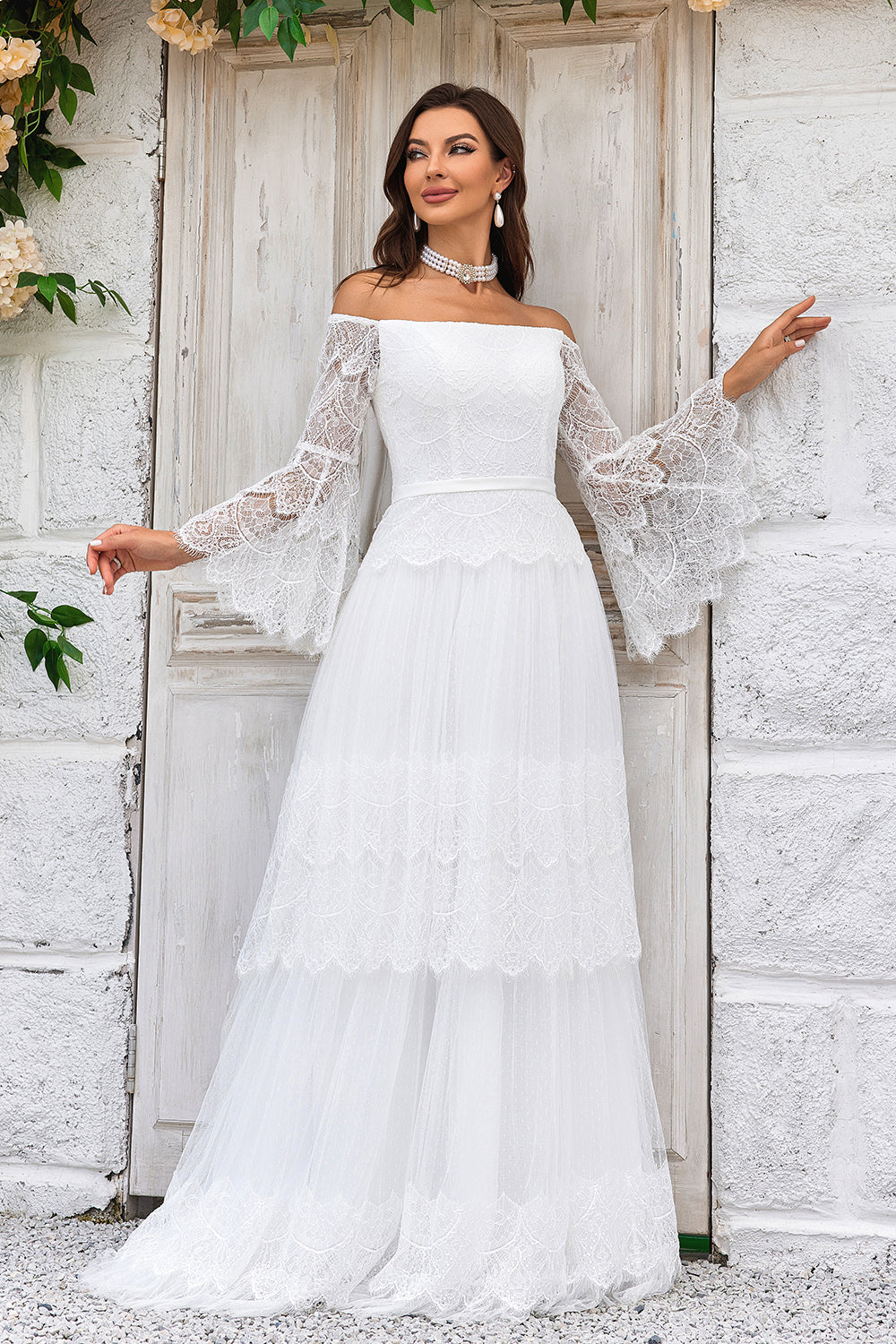 Ivory Sweep Train Flare Sleeves Wedding Dress