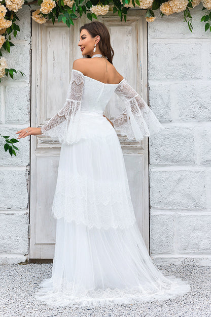 Ivory Sweep Train Flare Sleeves Wedding Dress