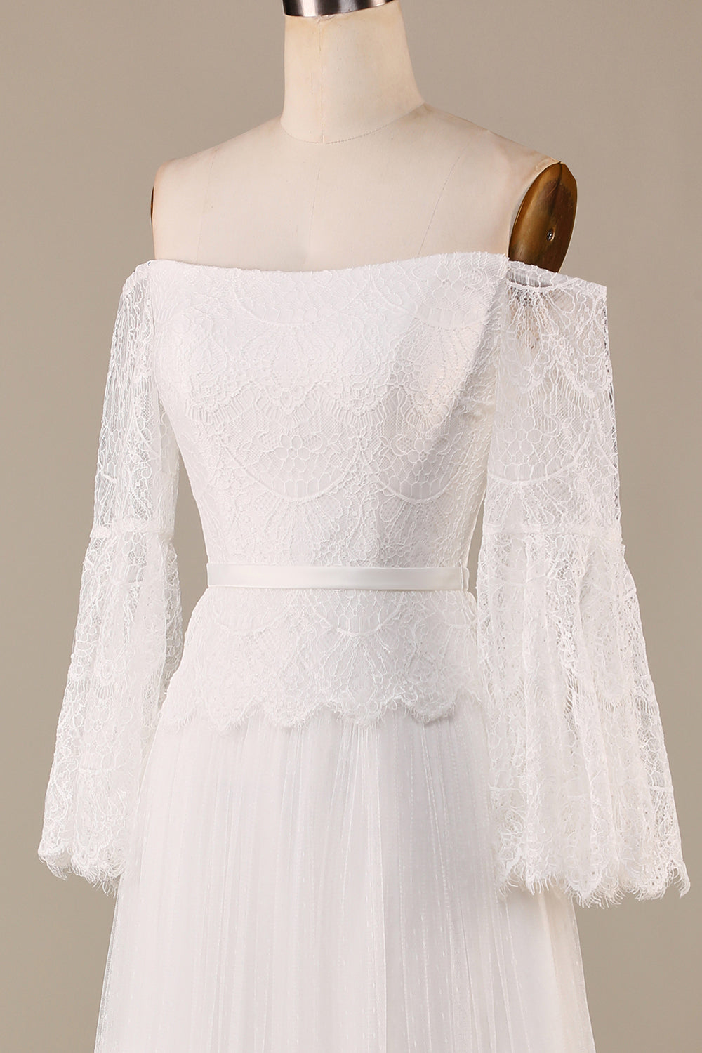 A Line Off the Shoulder Ivory Sweep Train Flare Sleeves Wedding Dress