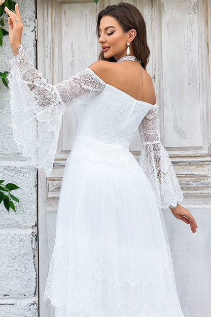 Ivory Sweep Train Flare Sleeves Wedding Dress