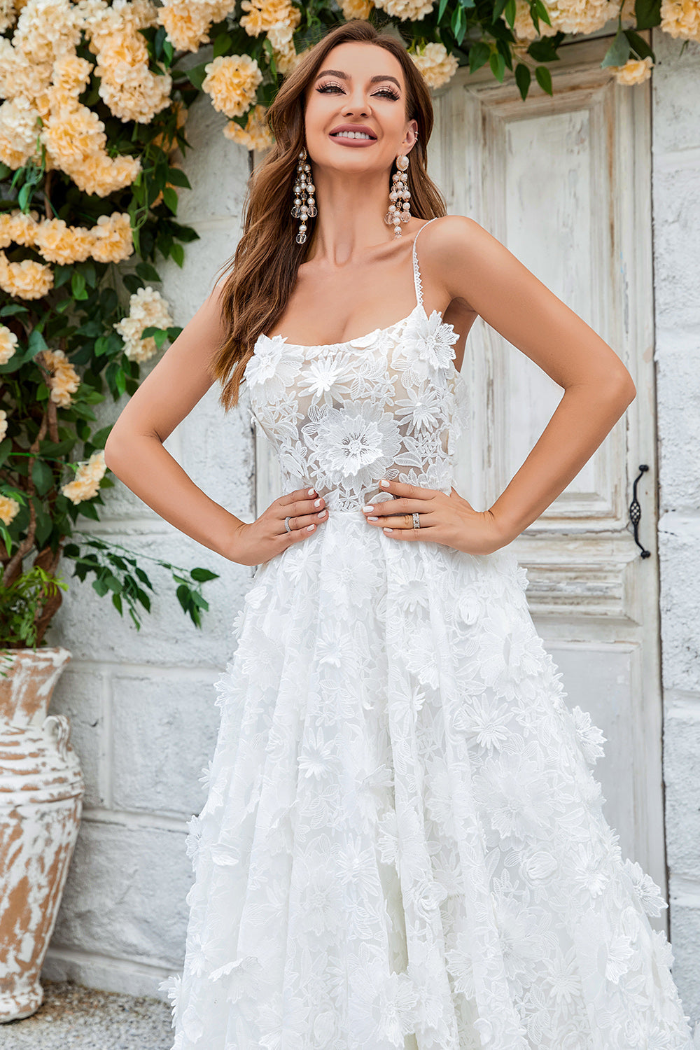 Ivory Floral Lace Sweep Train Wedding Dress