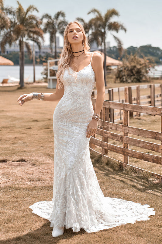 Charming Mermaid Spaghetti Straps Lace Ivory Wedding Dress with Sweep Train