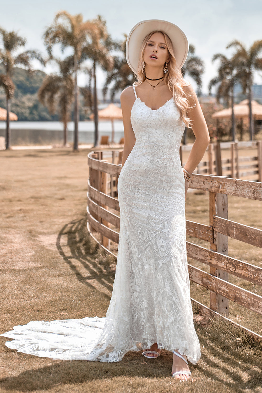 Charming Mermaid Spaghetti Straps Lace Ivory Wedding Dress with Sweep Train