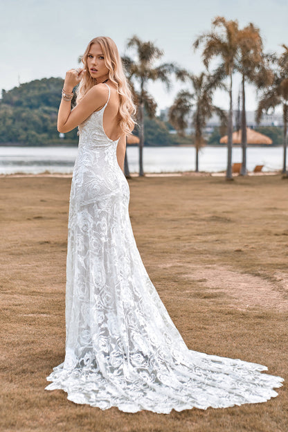 Charming Mermaid Spaghetti Straps Lace Ivory Wedding Dress with Sweep Train