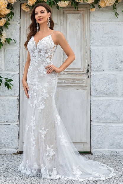 Ivory Mermaid Lace Long Wedding Dress