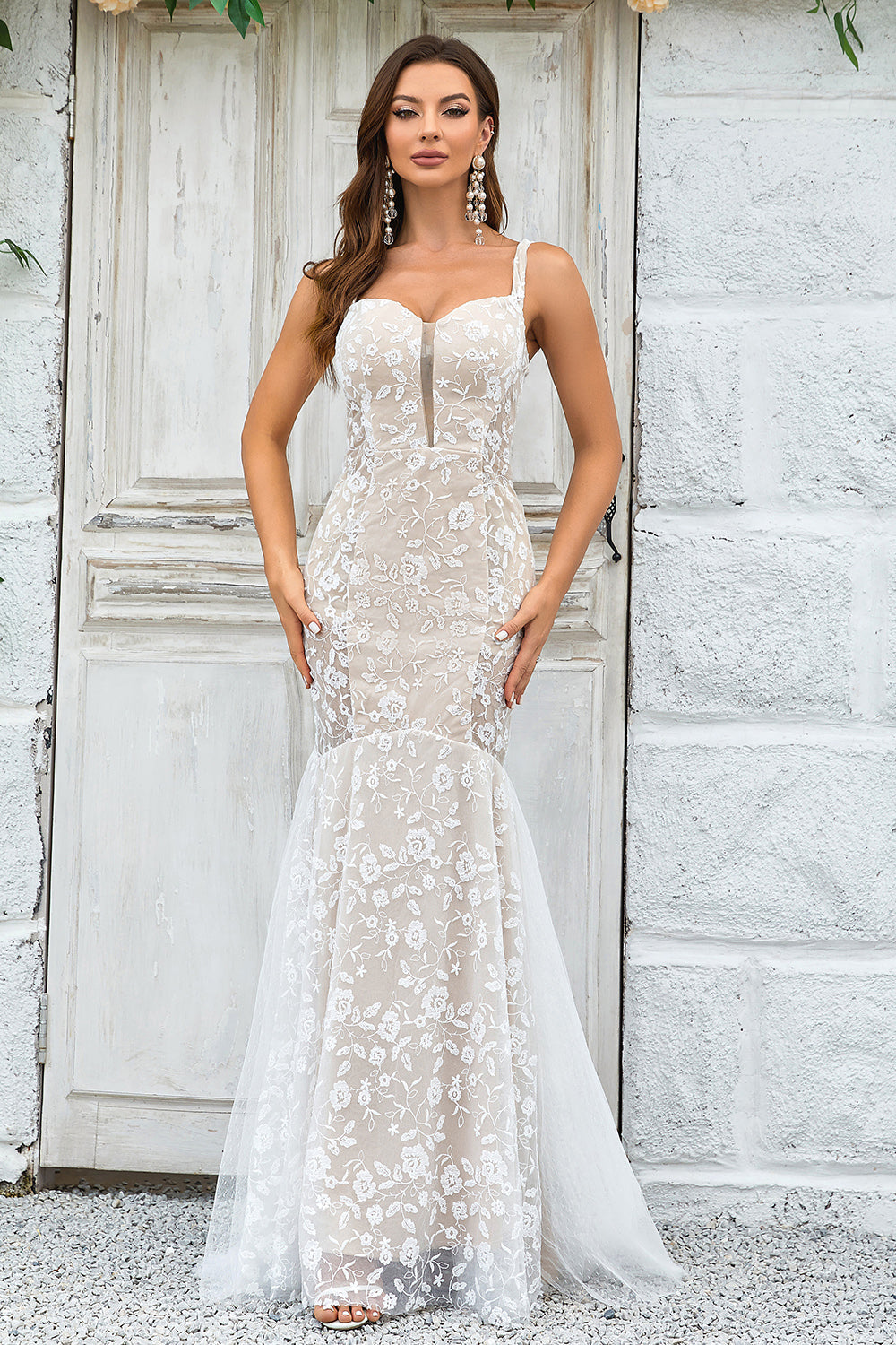 Mermaid Ivory Sweep Train Wedding Dress with Lace