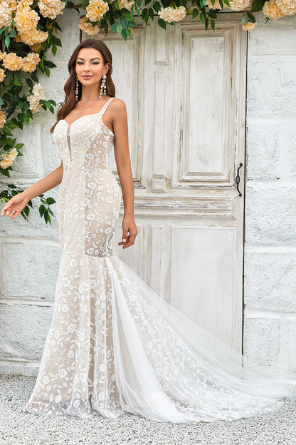 Mermaid Ivory Sweep Train Wedding Dress with Lace