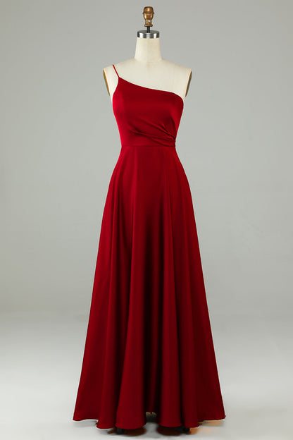 A-Line One Shoulder Burgundy Long Bridesmaid Dress with Ruffles