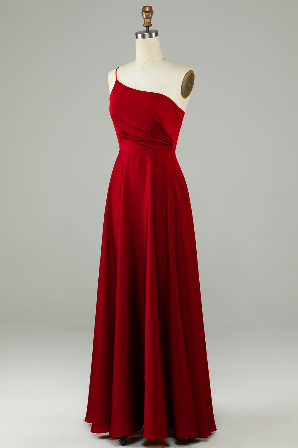 A-Line One Shoulder Burgundy Long Bridesmaid Dress with Ruffles