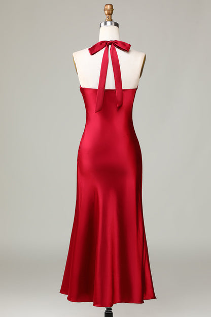 Halter Sleeveless Burgundy Long Bridesmaid Dress with Slit