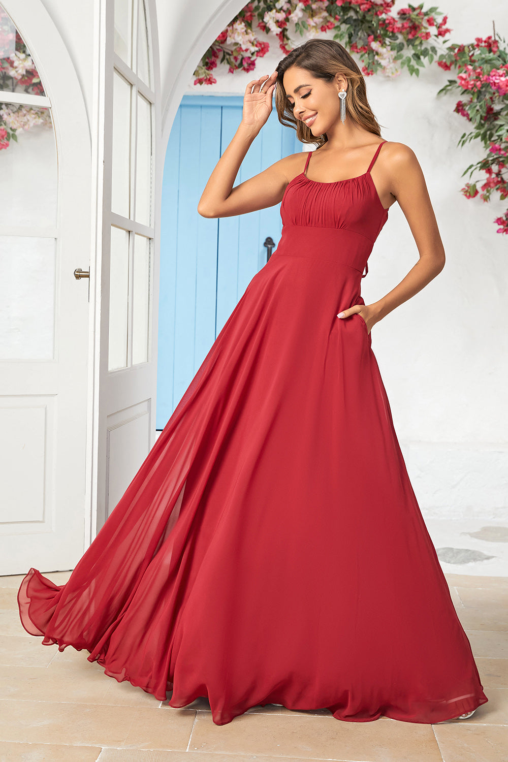 Simple A Line Spaghetti Straps Burgundy Long Bridesmaid Dress