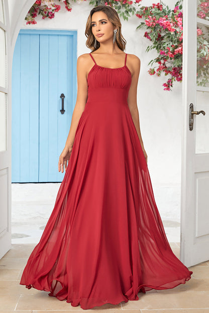 Simple A Line Spaghetti Straps Burgundy Long Bridesmaid Dress