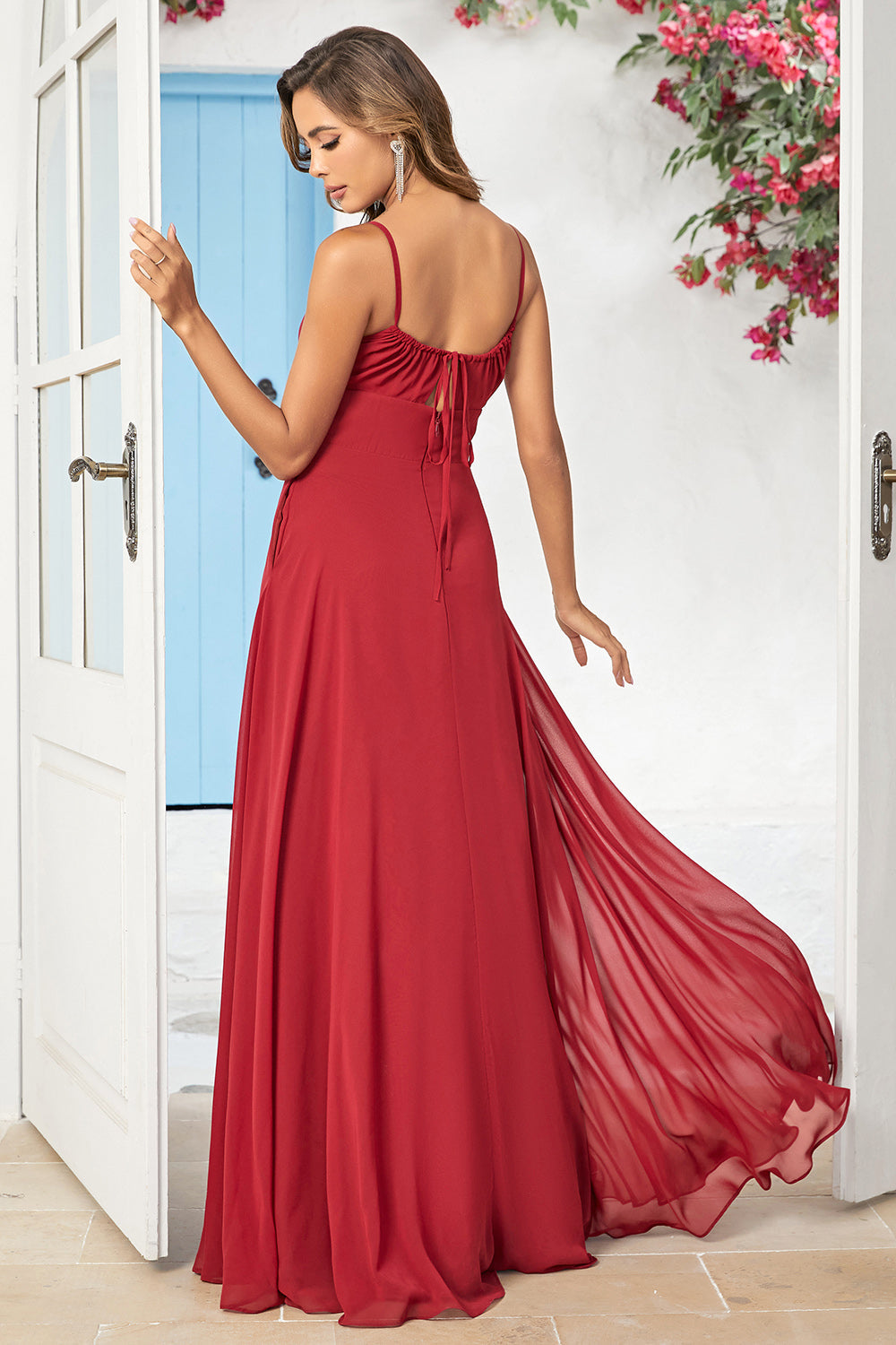 Simple A Line Spaghetti Straps Burgundy Long Bridesmaid Dress