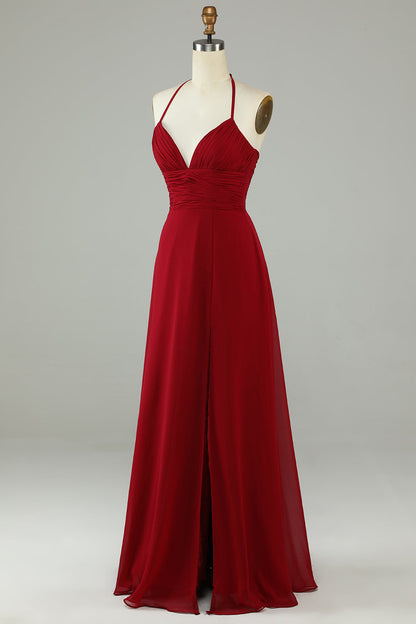 A-Line Halter Burgundy Long Bridesmaid Dress with Slit