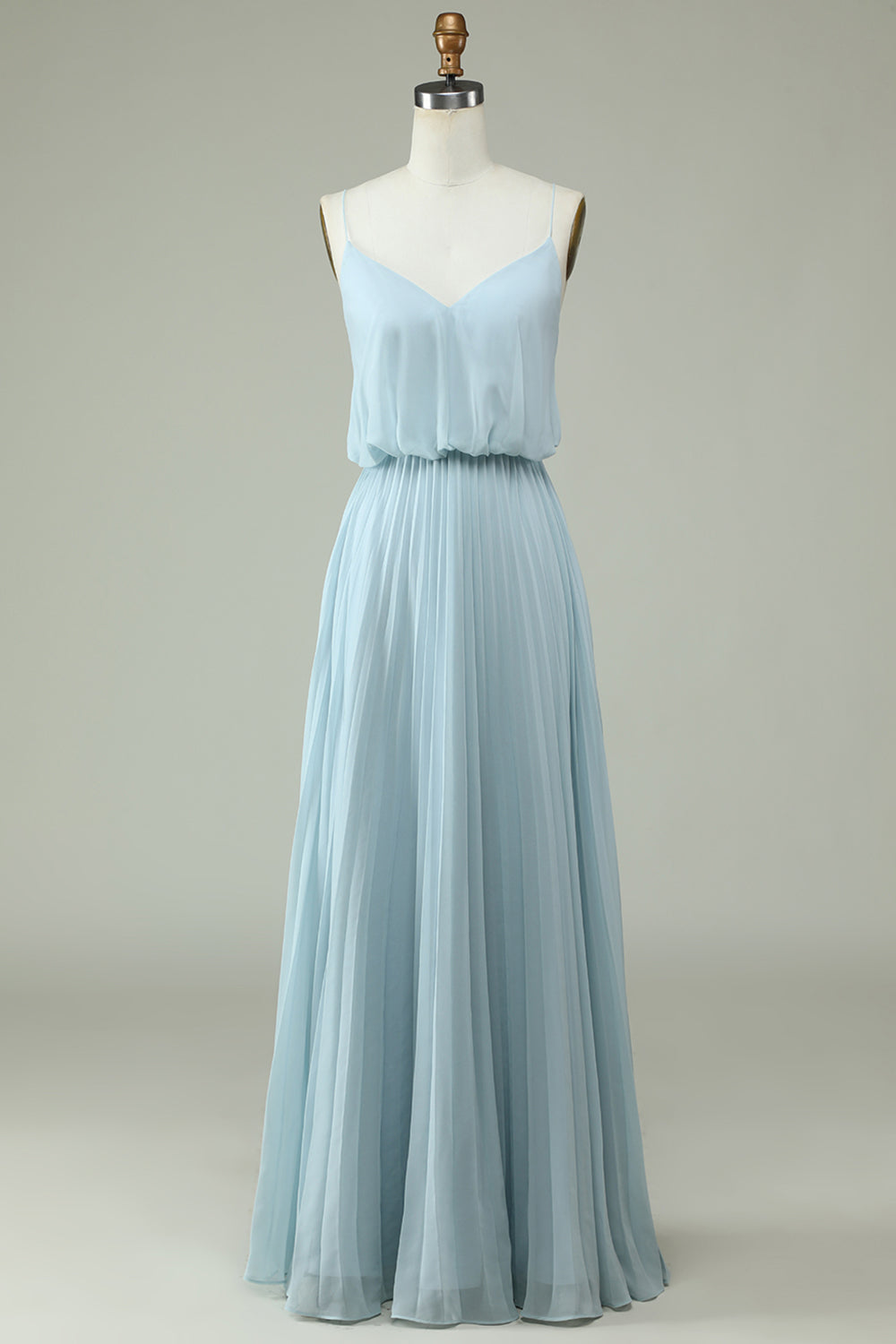 Chiffon Spaghetti Straps Sky Blue Long Bridesmaid Dress