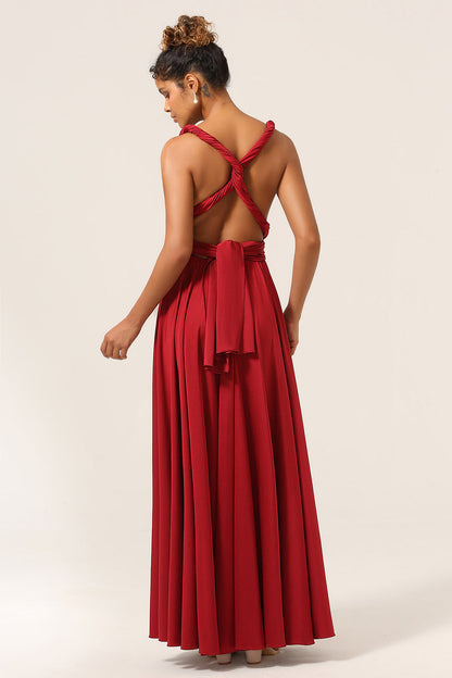 Beauty A-Line Halter Neck Burgundy Long Bridesmaid Dress with Criss Cross Back