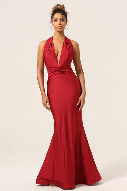 Satin Burgundy Halter Bridesmaid Dress