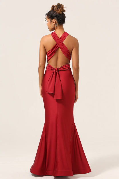 Satin Burgundy Halter Bridesmaid Dress