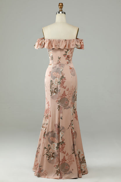 Flower Printed Off The Shoudler Blush Long Bridesmaid Dress with Slit