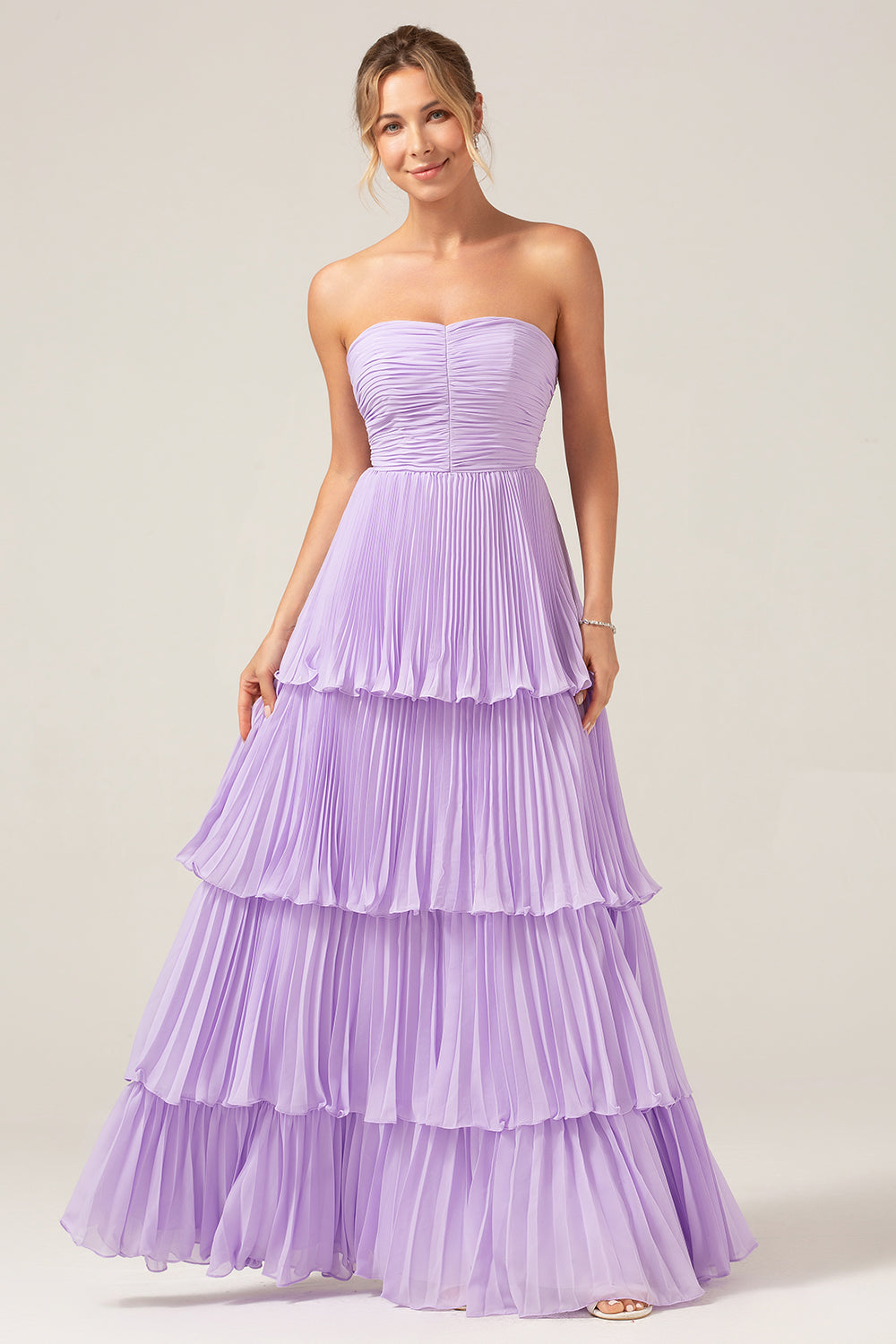 A-Line Sweetheart Tiered Chiffon Long Lilac Bridesmaid Dress