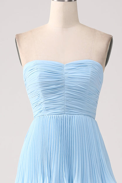 Strapless Sky Blue Sweetheart Long Bridesmaid Dress with Pleated