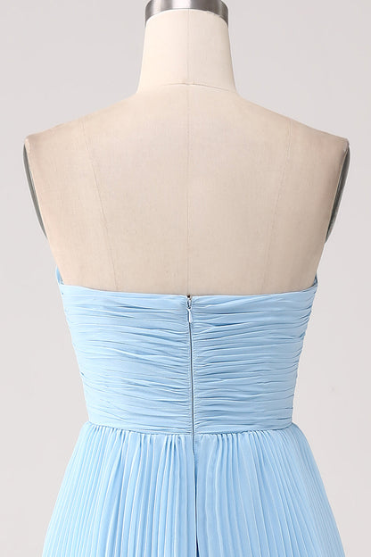 Strapless Sky Blue Sweetheart Long Bridesmaid Dress with Pleated