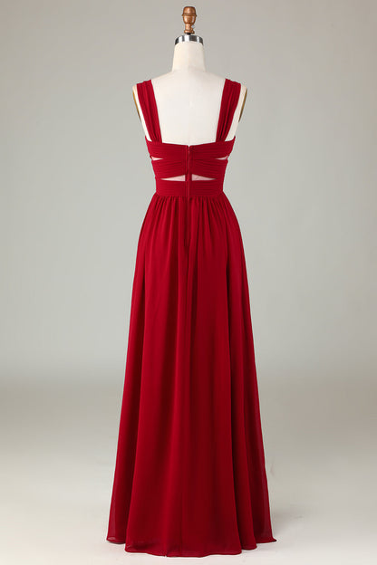 Burgundy Cut Out A Line Long Bridesmaid Dress