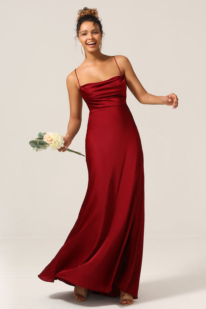 Simple A Line Lace-Up Back Burgundy Long Bridesmaid Dress with Criss Cross Back