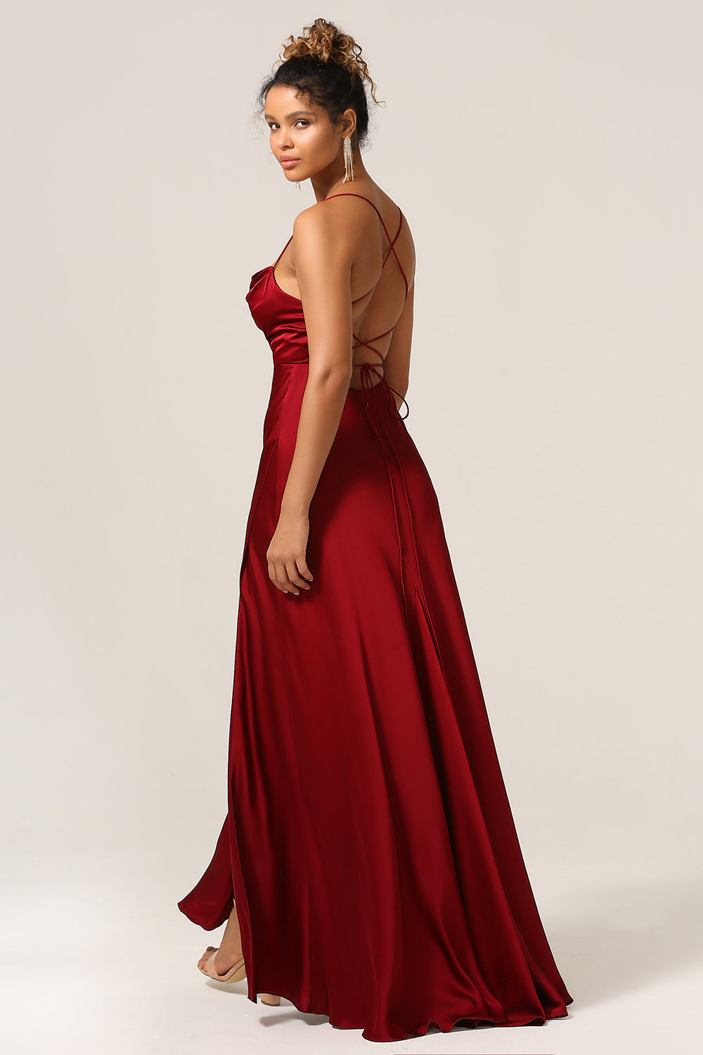 Simple A Line Lace-Up Back Burgundy Long Bridesmaid Dress with Criss Cross Back